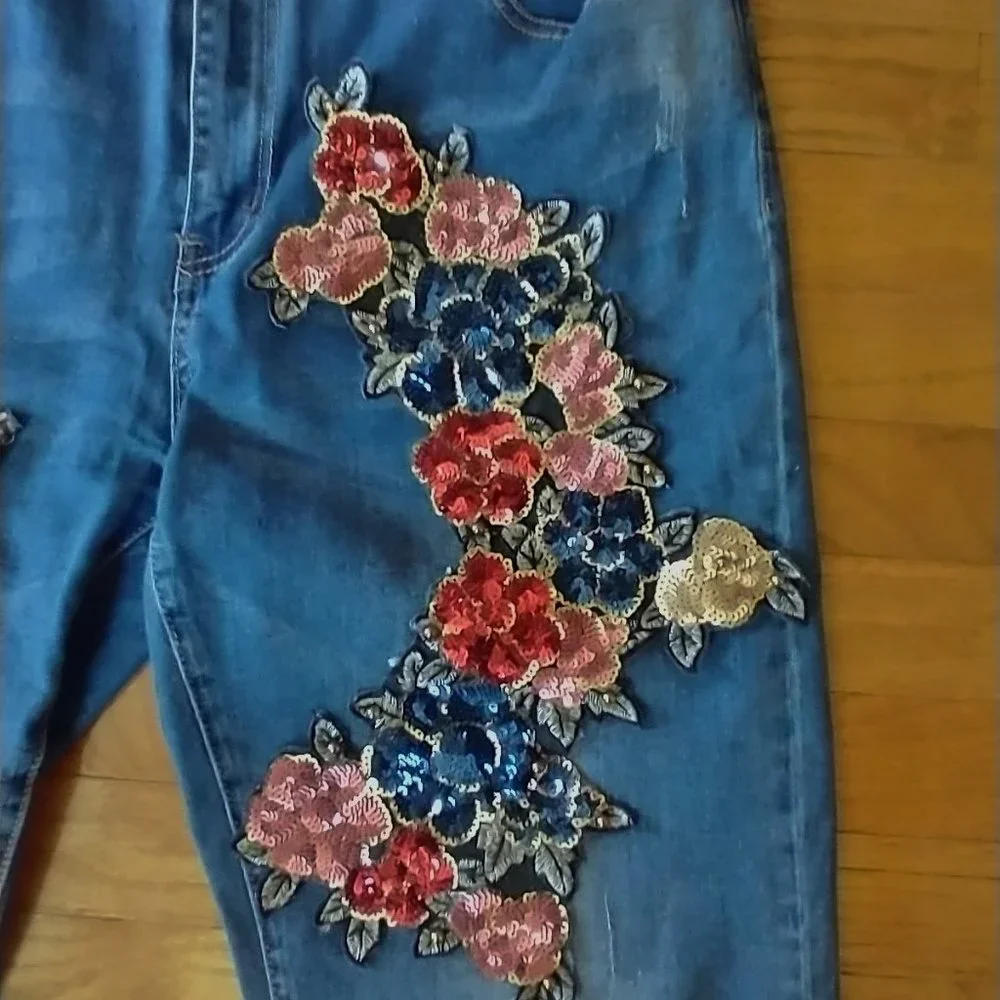 BOSTON PROPER Women's Jeans Size 16 Sequin Floral Stretch Straight Leg Pant - Picture 2 of 16